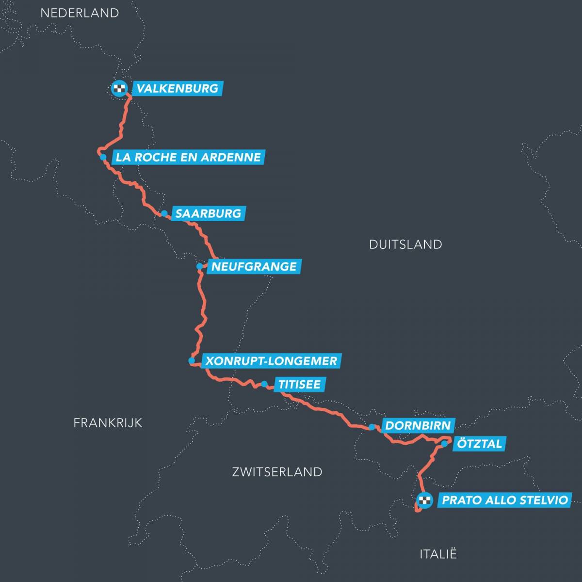 Complete route van de Stelvio naar de Cauberg The Ride 2025