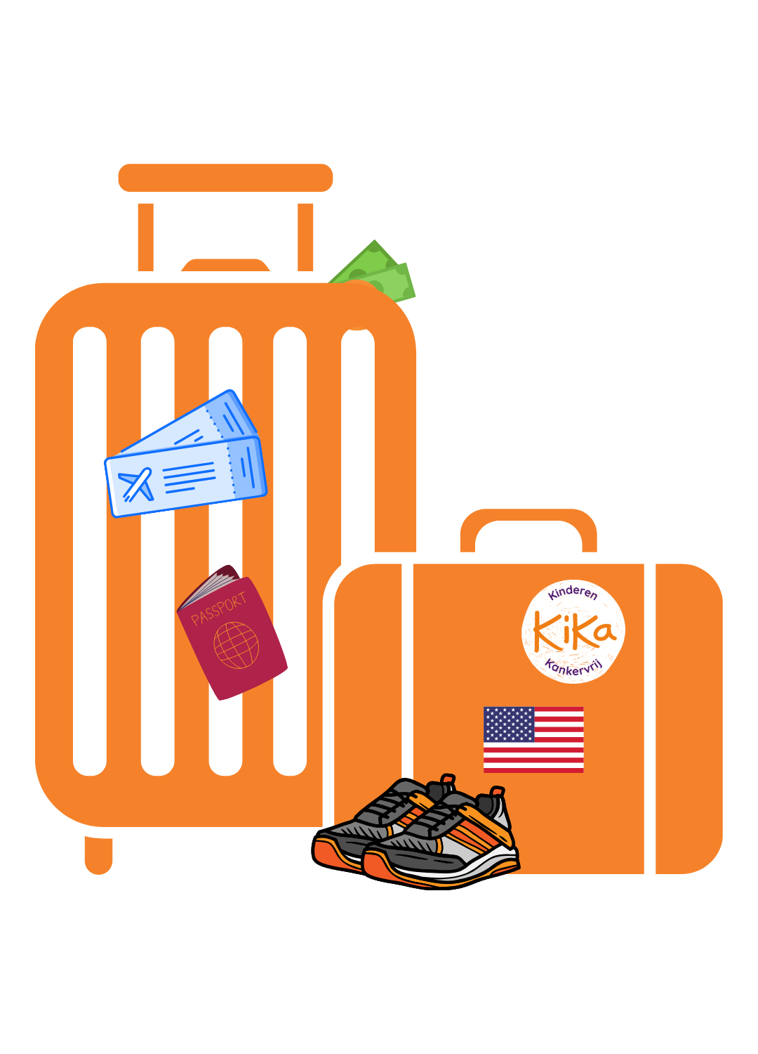 Koffer met vliegticket en hardloopschoenen voor marathonreis naar New York.