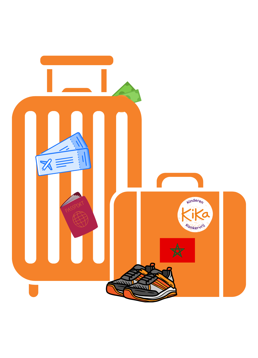 Koffer met vliegticket en hardloopschoenen voor marathonreis naar Marrakech